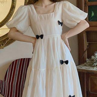 Puff-sleeve Ribbon Applique Midi A-line Dress