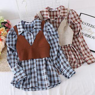 Set Of 2 : Plaid Long-sleeve Shirt + Knit Cropped Vest