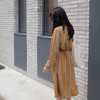 Long-sleeve Drawstring-waist Pattern Long Dress