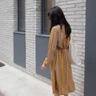 Long-sleeve Drawstring-waist Pattern Long Dress