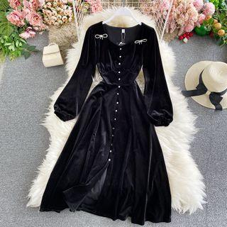 Square-neck Velvet Long-sleeve Dress