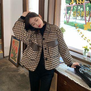 Faux Leather Trim Houndstooth Button Jacket