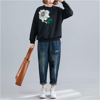 Long-sleeve Embroidered Loose-fit Top Black - One Size