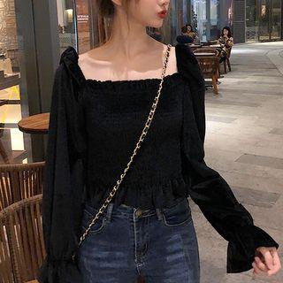 Square Neck Bell Sleeve Velvet Smocked Top Black - One Size