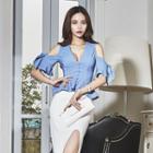 Set: Flounced Deep Plunge Short-sleeve Top + Side-slit Pencil Skirt