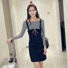 Set: Striped Off-shoulder Long-sleeve T-shirt + Lace-up Denim Pinafore Dress