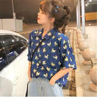 Short-sleeve Chicken Print Shirt Navy Blue - One Size