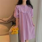 Frilled Loose-fit Short-sleeve Dress Purple - One Size