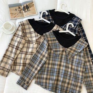 Long-sleeve Round Neck Plaid Blouse