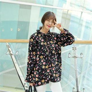 Frill-neck Tie-front Flower Pattern Top