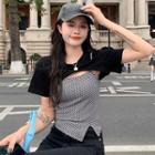 Mock Two-piece Short-sleeve Argyle Print T-shirt