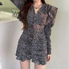 Faux Leather Zip Jacket / Leopard Ruffle Trim A-line Dress