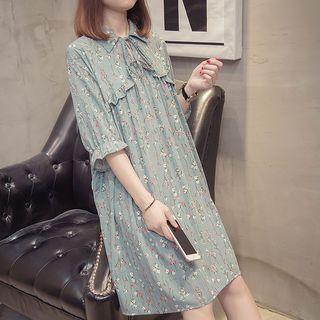 Floral Ruffle Trim Elbow-sleeve Dress