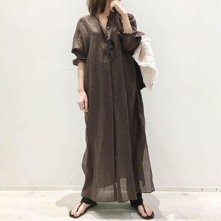 Long Sleeve V Neck Shirt Dress Coffee - M
