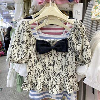 Puff-sleeve Floral Bow Chiffon Blouse