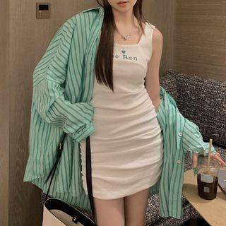 Lettering Sheath Tank Dress / Striped Shirt