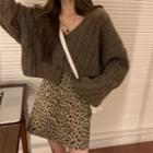 V-neck Cardigan / Leopard Print Mini Pencil Skirt