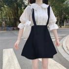 Ruffle Trim Blouse / Suspender Mini A-line Skirt