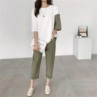 Set: Two-tone T-shirt + Cropped Wide-leg Pants