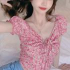 Floral Print Short-sleeve Slim-fit Top Pink - One Size