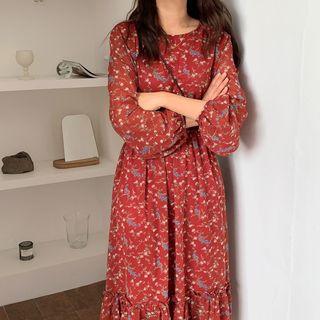 Lantern-sleeve Floral Dress Red - One Size