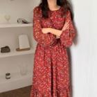 Lantern-sleeve Floral Dress Red - One Size