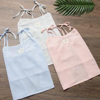 Embroidered Shoulder-tie Top