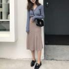 Set: V-neck Long-sleeve Knit Top + High Waist Midi Knit Skirt