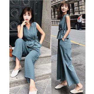 Set: Sleeveless Tie-waist Top + Wide-leg Pants