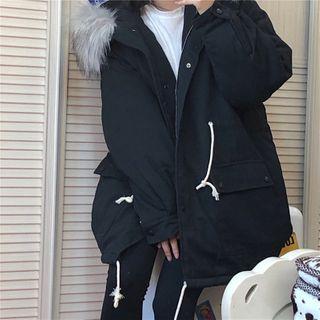 Plain Fleece-lined Zipped Coat Coat - Black - One Size