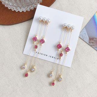 Faux Pearl Faux Crystal Fringed Earring 01 - 1 Pair - Silver Needle - Earring - One Size