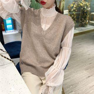 Knit Vest / Harem Pants / Frill-trim Blouse