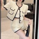 Short-sleeve Contrast Trim Jacket / Crop Tank Top / Wide Leg Shorts