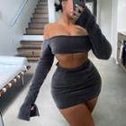 Set: Corduroy Off-shoulder Top + Mini Skirt