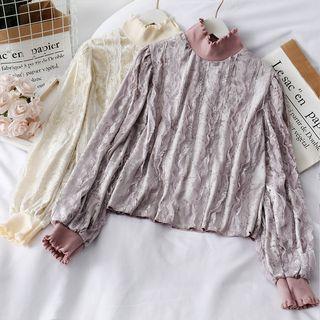 Lace-trim Mock-neck Velvet Top
