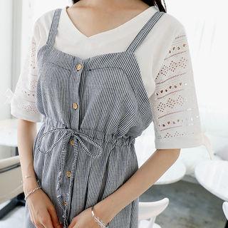 Drawcord-waist Stripe Long Pinafore Dress