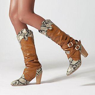 Snake Print Knee-high Block Heel Boots