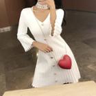 3/4-sleeve Buttoned A-line Knit Minidress