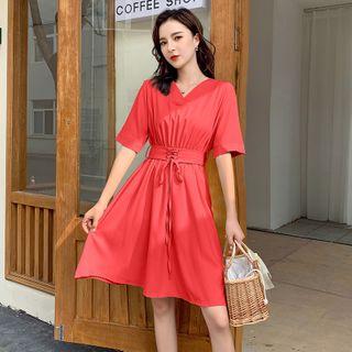 Tie-waist Short-sleeve Mini A-line Dress