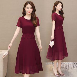 Plain Short-sleeve Chiffon Midi A-line Dress