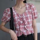 Short-sleeve Plaid Blouse Red - One Size
