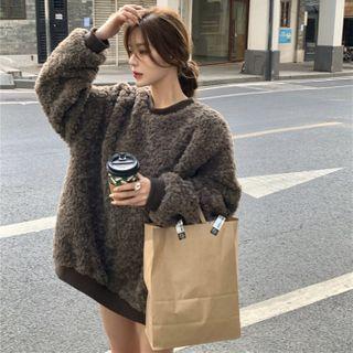Long-sleeve Faux Fur Plain Sweatshirt Coffee - One Size