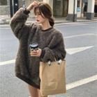 Long-sleeve Faux Fur Plain Sweatshirt Coffee - One Size
