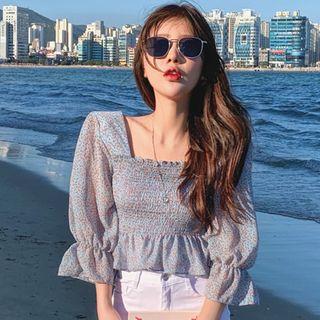 3/4-sleeve Floral Print Smocked Blouse