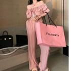 Off-shoulder Ruffle Wide Leg Jumpsuit Pink - One Size