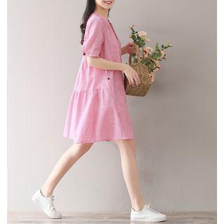 Elbow-sleeve Striped Notch-neck Shirt Dress