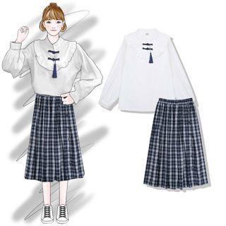 Frog Buttoned Tasseled Blouse / Plaid Midi A-line Skirt
