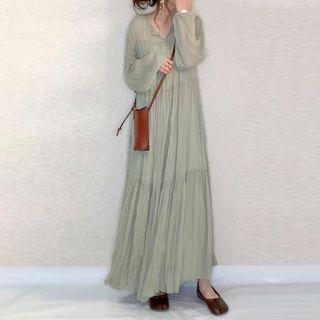 Plain Long-sleeve Maxi A-line Dress Light Green - One Size