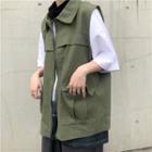 Front Pocket Sleeveless Zip Top Army Green - One Size