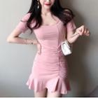 Short-sleeve Draped Mini Bodycon Dress
